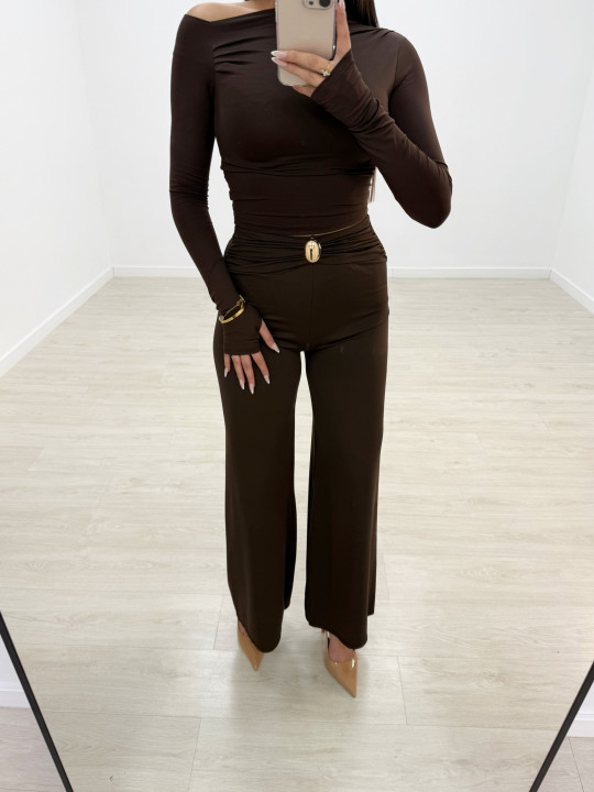 PANTALÓN LICRA FLUIDO DETALLE MARRÓN