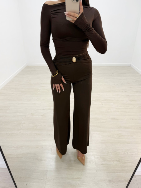 PANTALÓN LICRA FLUIDO DETALLE MARRÓN