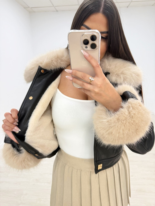 CHAQUETA PIEL + PELO NEGRA EXCLUSIVA CHAQUETA PIEL + PELO NEGRA EXCLUSIVA