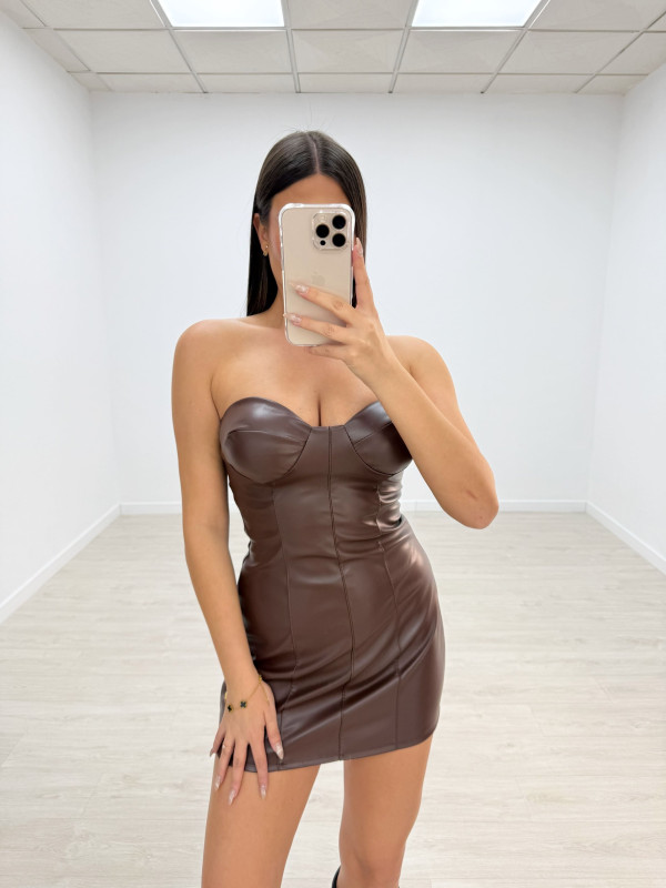VESTIDO MINI POLIPIEL MARRÓN