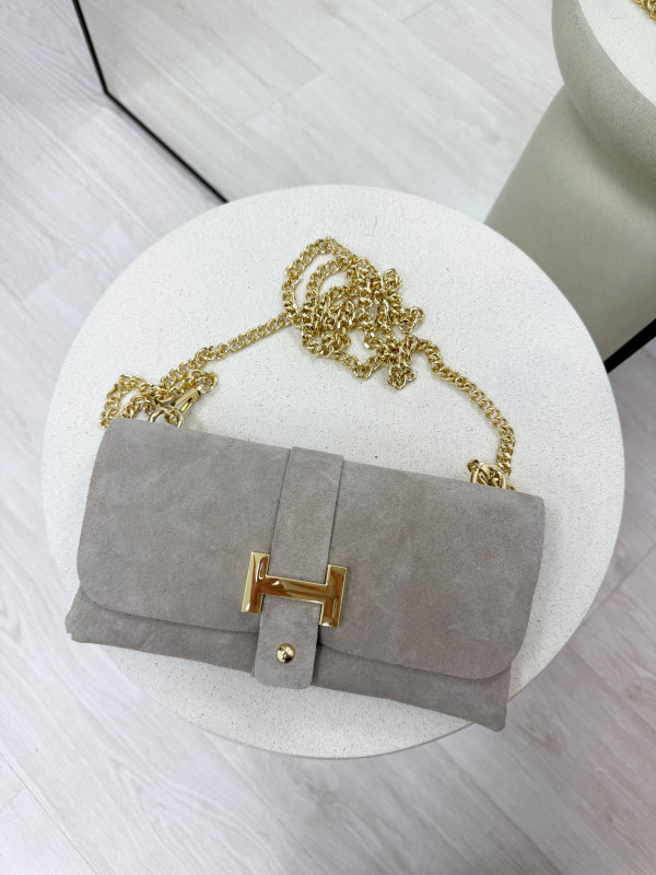 BOLSO CARTERA - H 100% PIEL GRIS CLARO