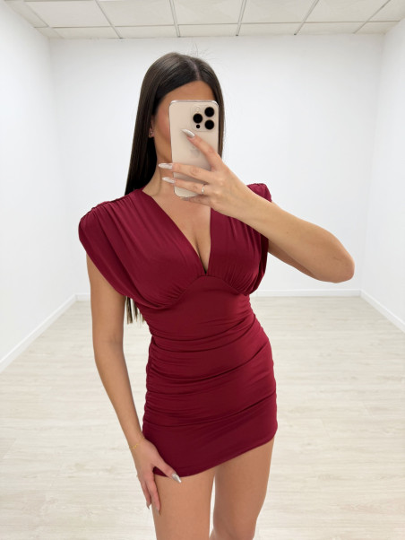 VESTIDO HOMBRERAS FRUNCIDO BURDEOS