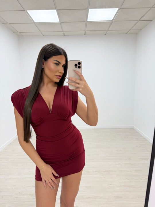 VESTIDO HOMBRERAS FRUNCIDO BURDEOS