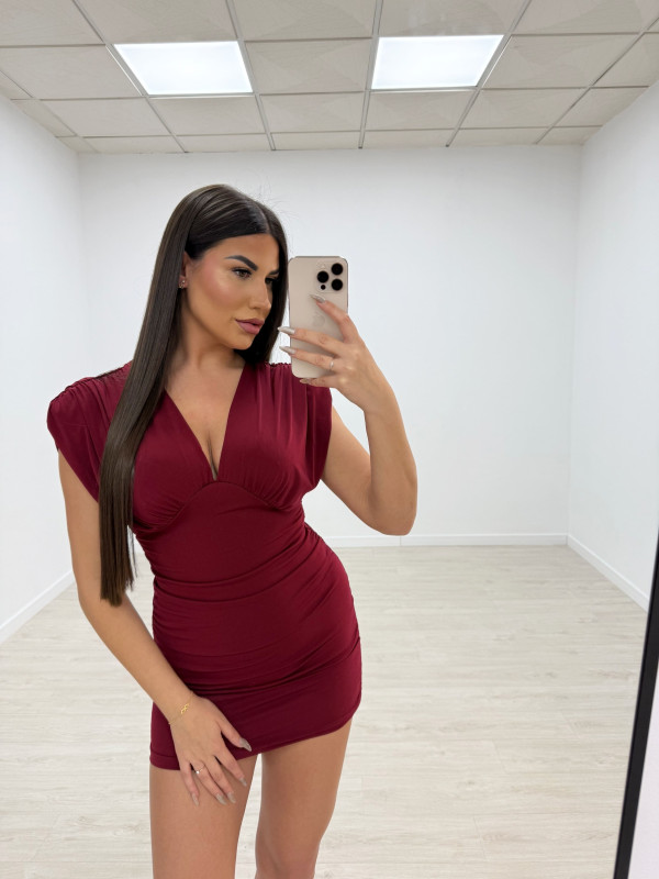 VESTIDO HOMBRERAS FRUNCIDO BURDEOS