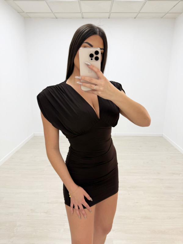 VESTIDO HOMBRERAS FRUNCIDO MARRÓN