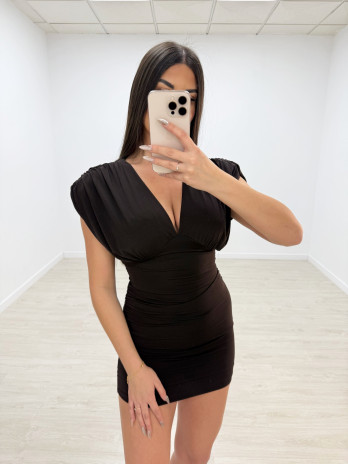 VESTIDO HOMBRERAS FRUNCIDO MARRÓN