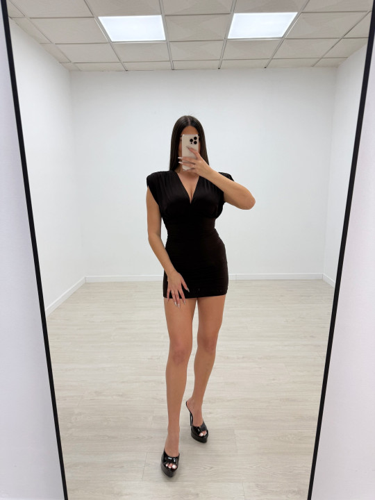 VESTIDO HOMBRERAS FRUNCIDO MARRÓN