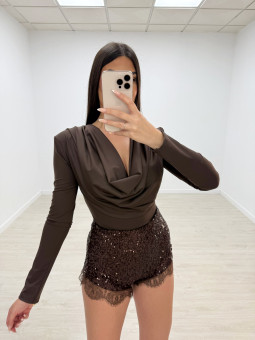 SHORT BRILLO ENCAJE MARRÓN