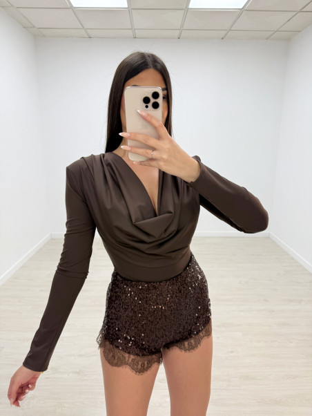 SHORT BRILLO ENCAJE MARRÓN