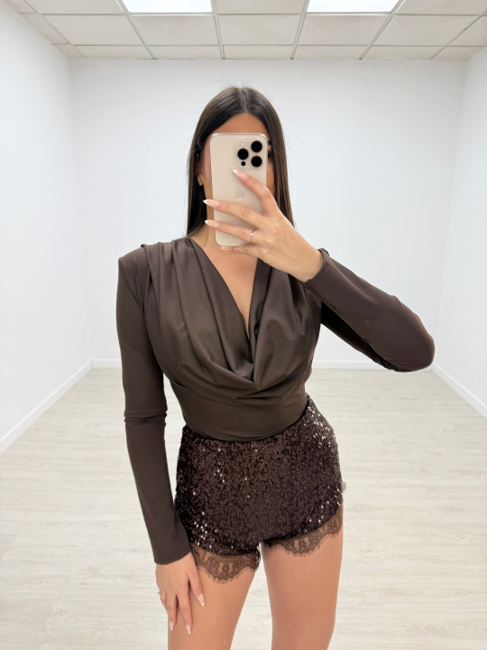 SHORT BRILLO ENCAJE MARRÓN