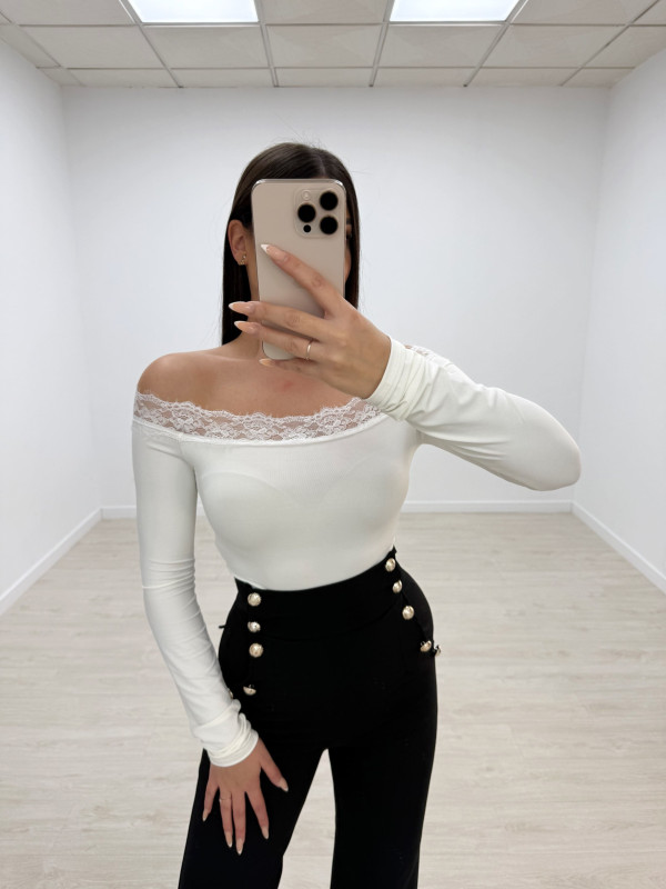 TOP LICRA BARDOT ENCAJE BLANCO