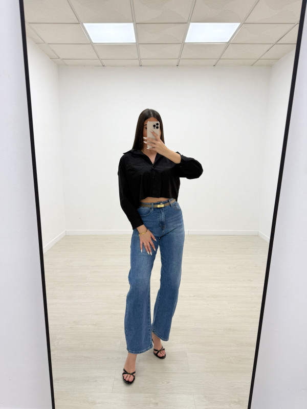 CAMISA POPELÍN CROP NEGRA