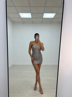 VESTIDO MINI PALABRA DE HONOR LENTEJUELAS GRIS