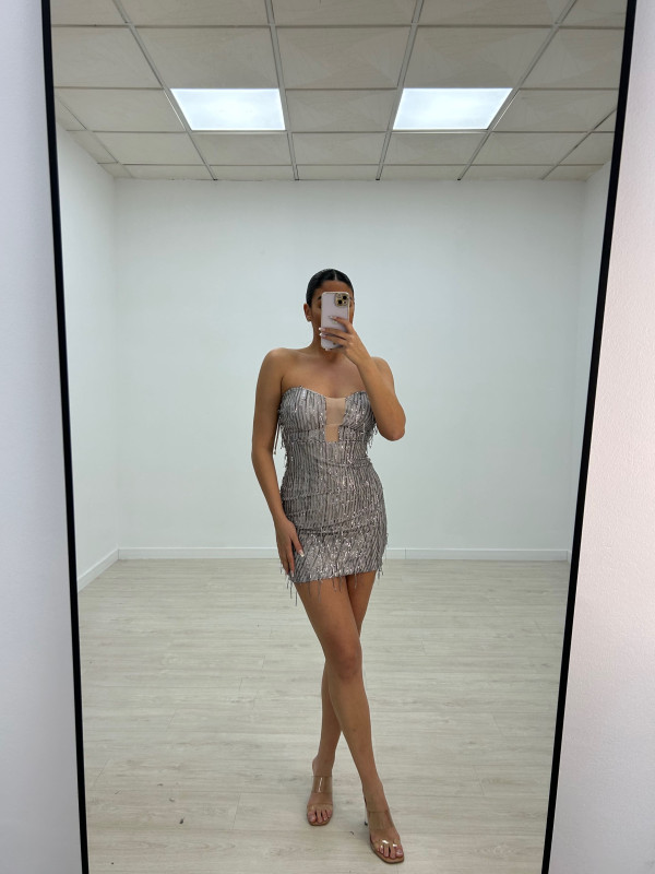 VESTIDO MINI PALABRA DE HONOR LENTEJUELAS GRIS