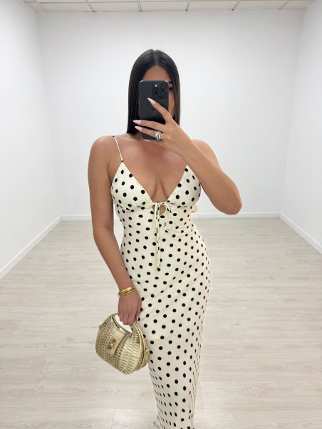 VESTIDO LARGO LUNARES - CREMA