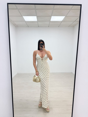 VESTIDO LARGO LUNARES - CREMA