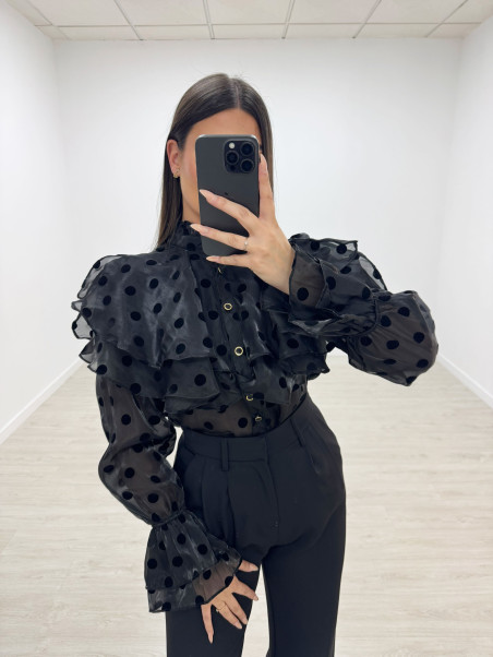 CAMISA VOLANTE LUNARES - NEGRA