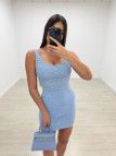 VESTIDO MINI PUNTO PERFORADO BOTONES - CELESTE