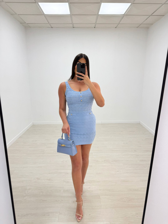 VESTIDO MINI PUNTO PERFORADO BOTONES - CELESTE