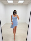VESTIDO MINI PUNTO PERFORADO BOTONES - CELESTE