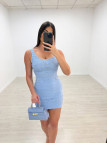 VESTIDO MINI PUNTO PERFORADO BOTONES - CELESTE