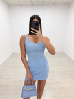 VESTIDO MINI PUNTO PERFORADO BOTONES - CELESTE