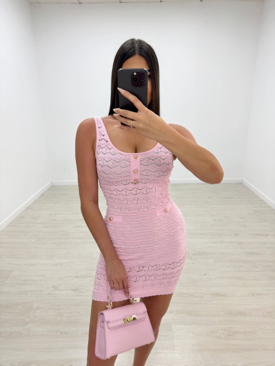VESTIDO MINI PUNTO PERFORADO BOTONES - ROSA