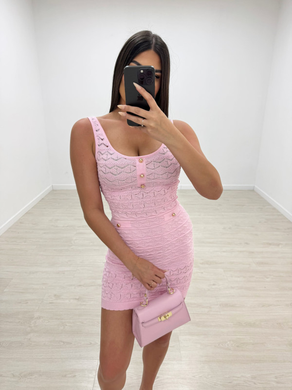VESTIDO MINI PUNTO PERFORADO BOTONES - ROSA