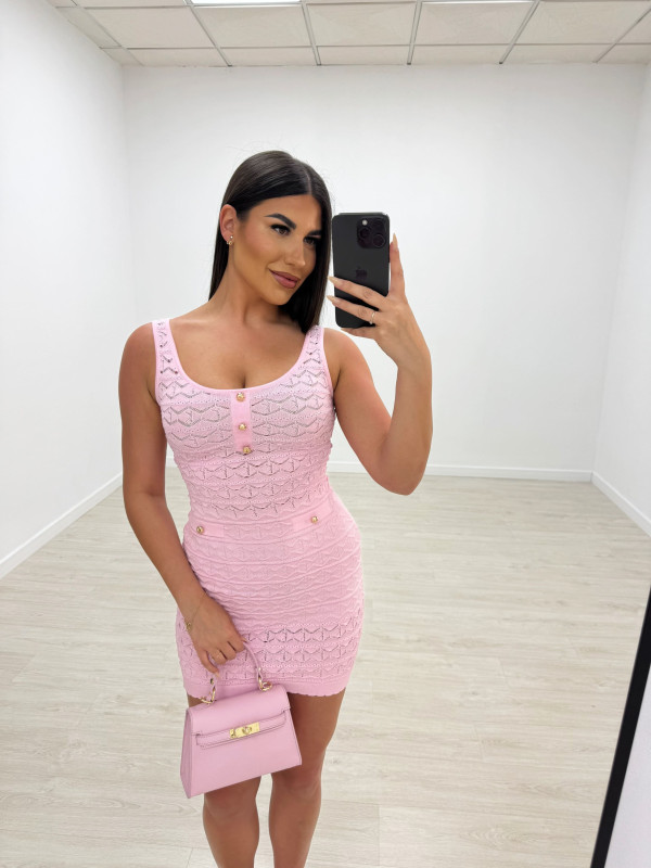 VESTIDO MINI PUNTO PERFORADO BOTONES - ROSA