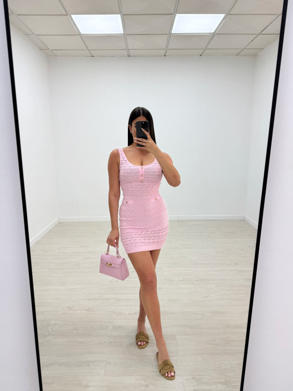 VESTIDO MINI PUNTO PERFORADO BOTONES - ROSA