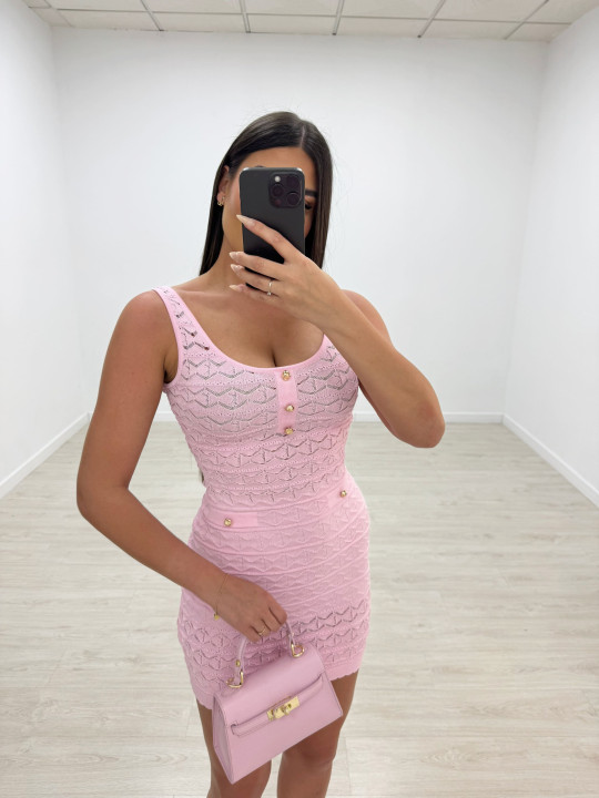 VESTIDO MINI PUNTO PERFORADO BOTONES - ROSA