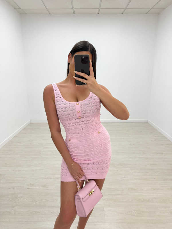 VESTIDO MINI PUNTO PERFORADO BOTONES - ROSA