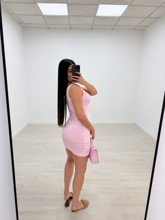 VESTIDO MINI PUNTO PERFORADO BOTONES - ROSA