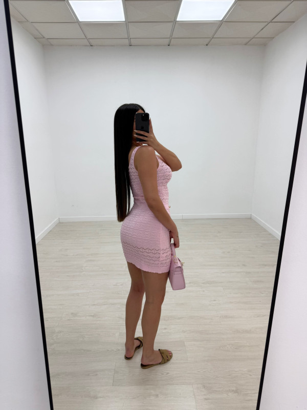 VESTIDO MINI PUNTO PERFORADO BOTONES - ROSA