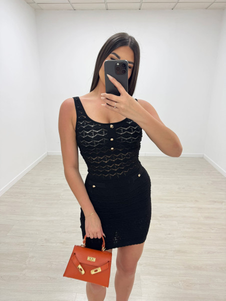 VESTIDO MINI PUNTO PERFORADO BOTONES - NEGRO