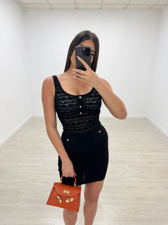 VESTIDO MINI PUNTO PERFORADO BOTONES - NEGRO