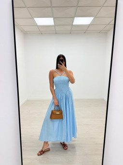 VESTIDO PANEL DE ABEJA POPELÍN - CELESTE