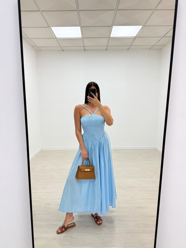 VESTIDO PANEL DE ABEJA POPELÍN - CELESTE