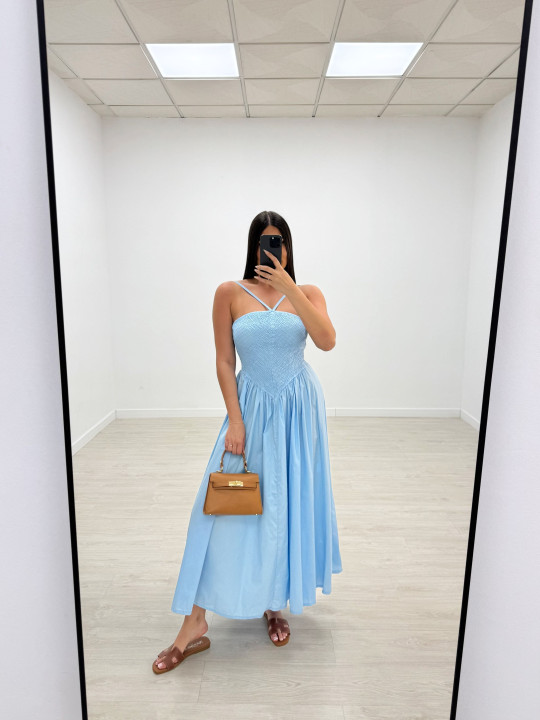 VESTIDO PANEL DE ABEJA POPELÍN - CELESTE