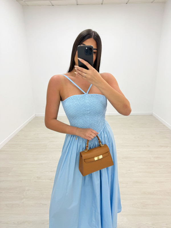 VESTIDO PANEL DE ABEJA POPELÍN - CELESTE