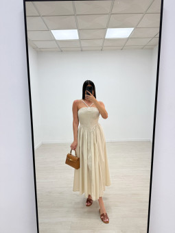 VESTIDO PANEL DE ABEJA POPELÍN - BEIGE