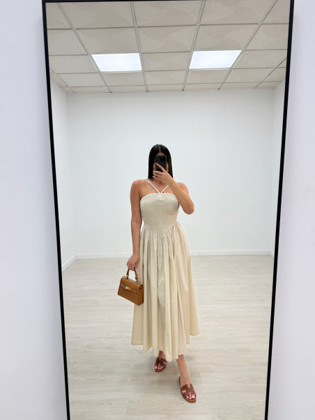 VESTIDO PANEL DE ABEJA POPELÍN - BEIGE