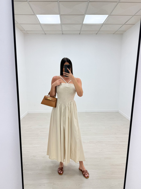 VESTIDO PANEL DE ABEJA POPELÍN - BEIGE