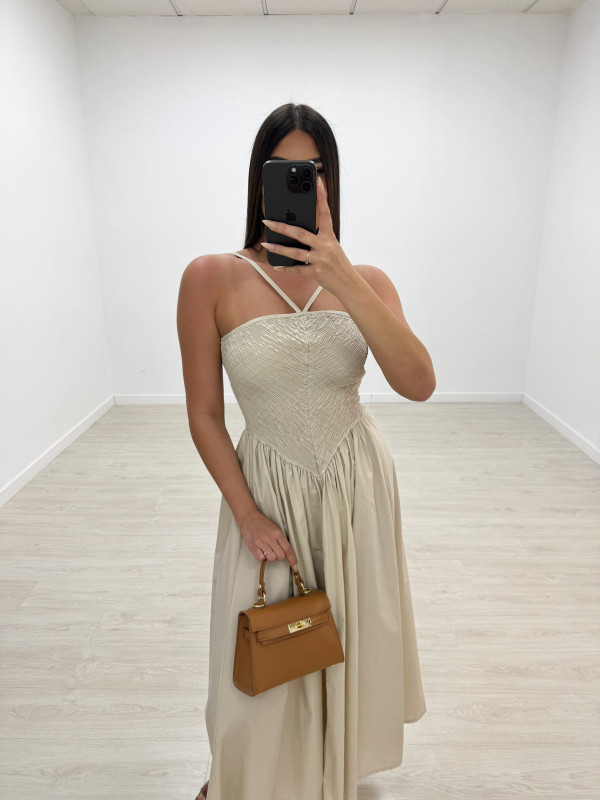 VESTIDO PANEL DE ABEJA POPELÍN - BEIGE