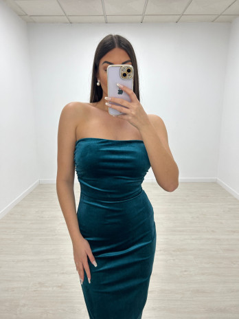 VESTIDO MIDI PALABRA DE HONOR TERCIOPELO AZUL PETROLEO