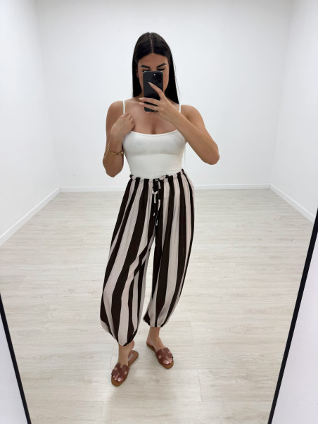 PANTALÓN GLOBO RAYAS - MARRÓN + BEIGE