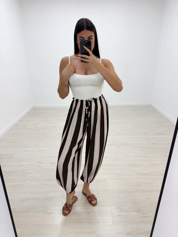 PANTALÓN GLOBO RAYAS - MARRÓN + BEIGE