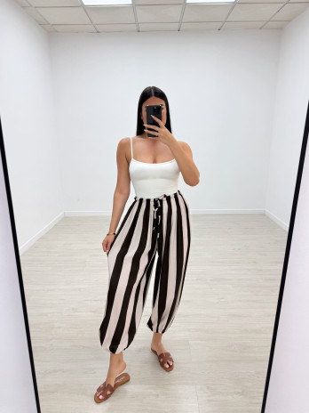 PANTALÓN GLOBO RAYAS - MARRÓN + BEIGE