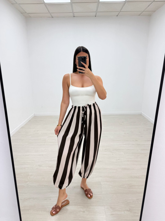 PANTALÓN GLOBO RAYAS - MARRÓN + BEIGE