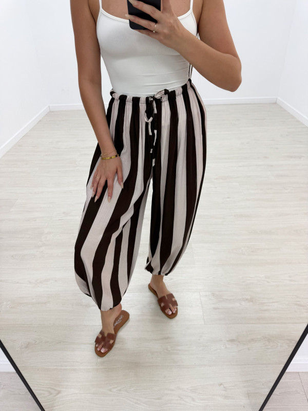 PANTALÓN GLOBO RAYAS - MARRÓN + BEIGE